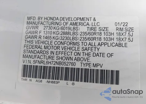 2022 Honda Odyssey Ex-L z USA, uszkodzony, nr VIN 5FNRL6H72NB052760